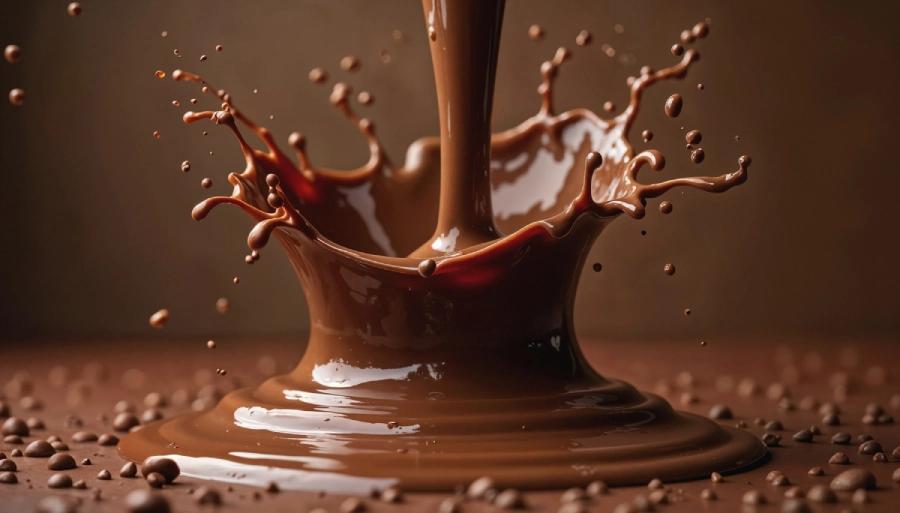 Splash of melted chocolate with droplets frozen mid-air, creating a rich and indulgent visual effect.