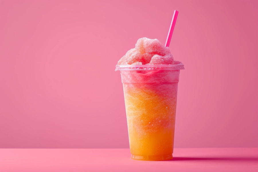Colorful slush drink in a clear plastic cup with pink and yellow layers and a pink straw, against a pink background.