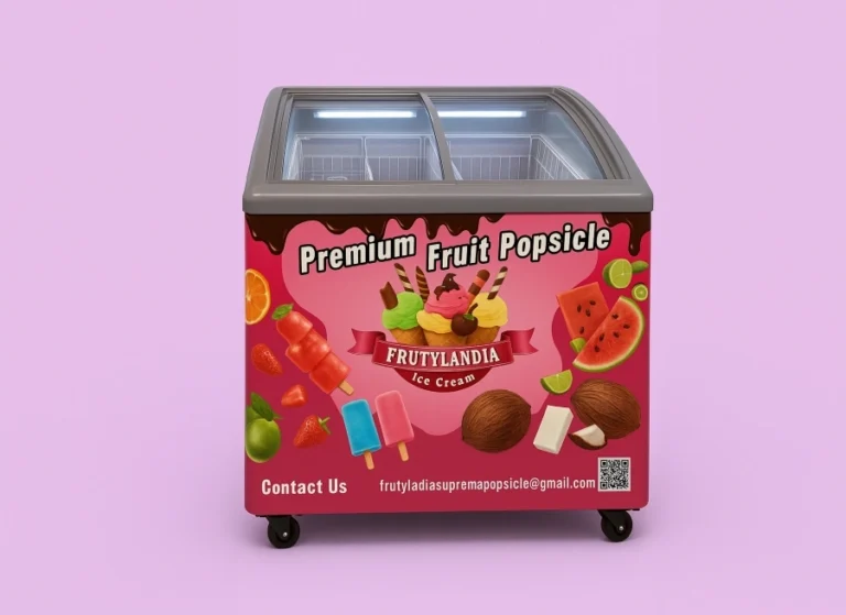Frutylandia branded freezer promoting premium fruit popsicles with colorful fruit and ice cream illustrations.