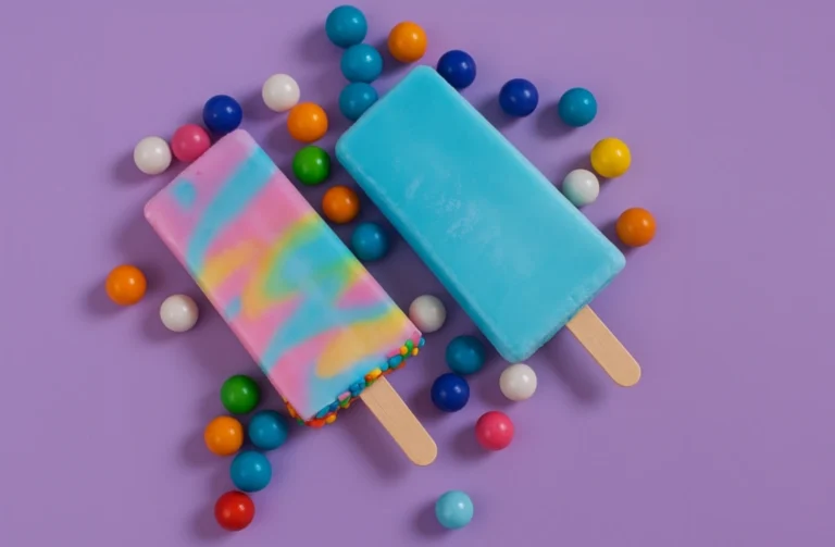 Two colorful popsicles — one solid blue and one rainbow swirl — surrounded by multicolored candy balls on a purple background.