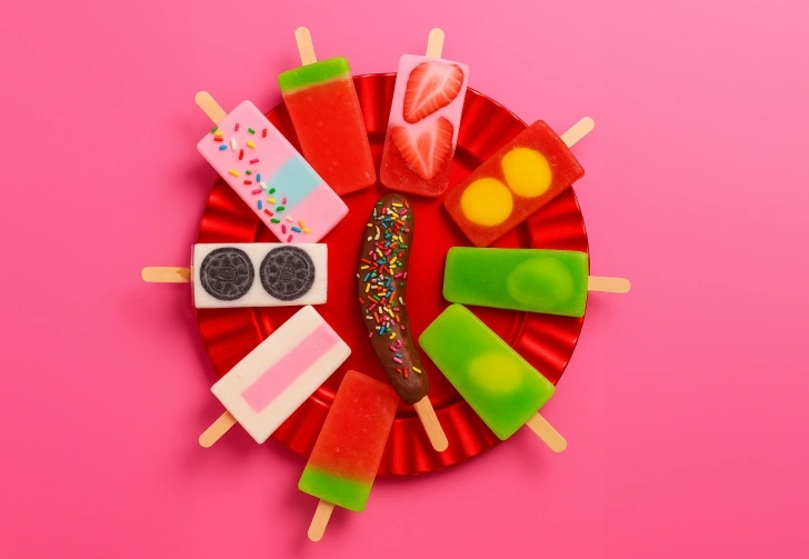 Assorted colorful popsicles arranged in a circle on a red plate over a pink background, featuring fruity, creamy, and sprinkle-covered varieties.