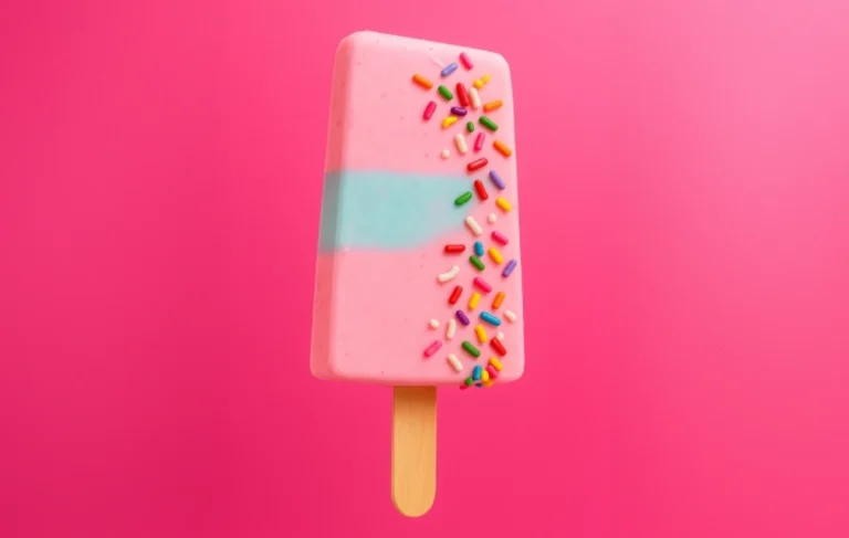 Pink popsicle with a blue stripe and rainbow sprinkles on a bright pink background.