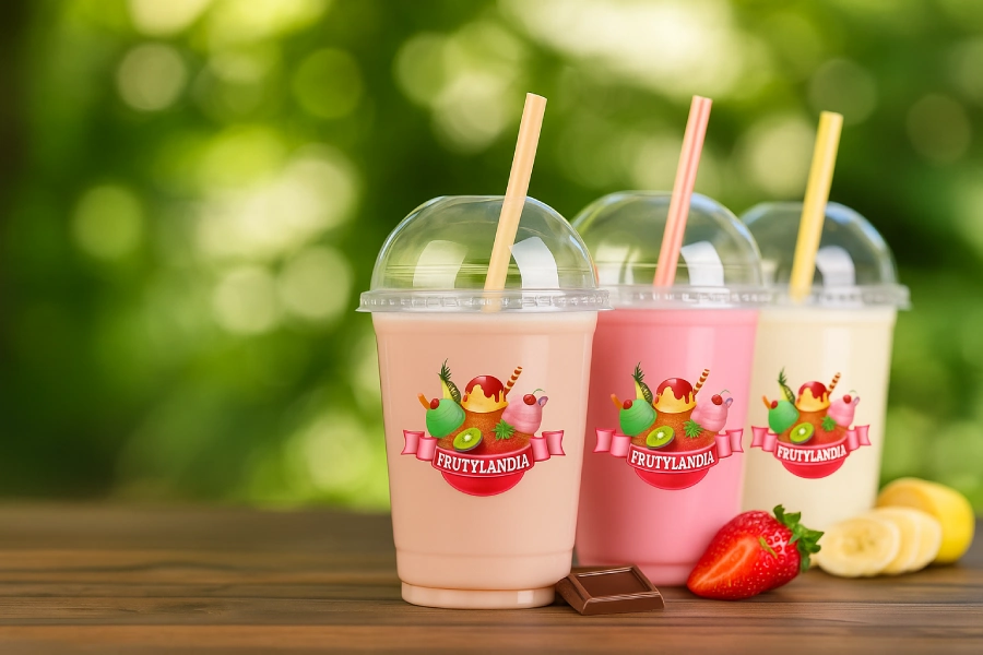 Three colorful Frutylandia smoothies in clear cups with dome lids and straws, placed on a wooden surface with fruit in the foreground.