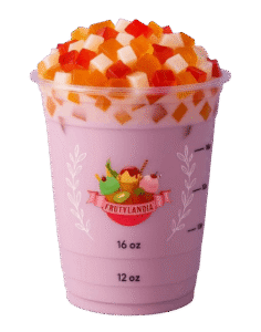 Colorful jelly drink in a 16 oz Frutylandia cup, topped with red, orange, and white jelly cubes.