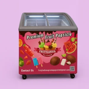 Frutylandia branded freezer promoting premium fruit popsicles with colorful fruit and ice cream illustrations.
